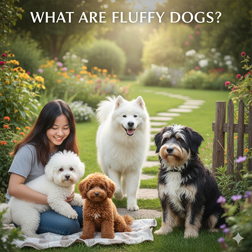 Chó lông xù gồm nhiều giống chó xù khác nhau quây quần bên chủ trong khu vườn xanh