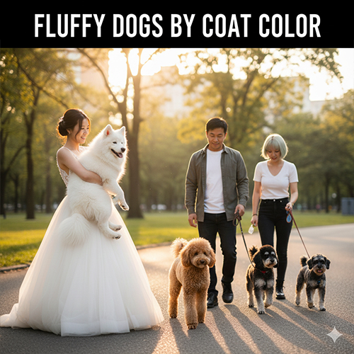 Chó lông xù nhiều màu lông khác nhau như trắng nâu đen vàng xám khi đi dạo cùng gia đình