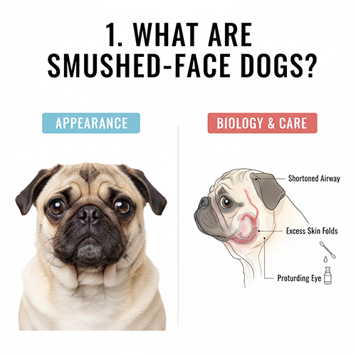 Minh họa chó mặt xệ mặt nhăn với đặc điểm mõm ngắn nếp nhăn và đường thở ngắn