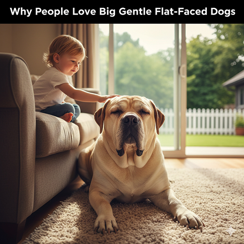 Chó mặt xệ to mập hiền lành nằm trong nhà vườn cạnh trẻ em