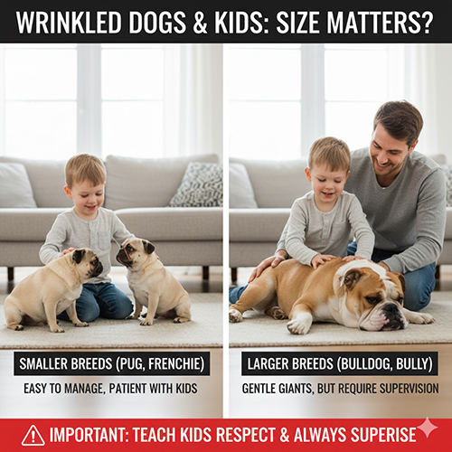 Chó mặt xệ nhỏ và chó mặt xệ to chơi cùng trẻ em trong gia đình