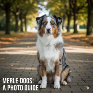 Chó merle với bộ lông loang đặc trưng, mắt sáng, dáng ngồi cân đối ngoài trời