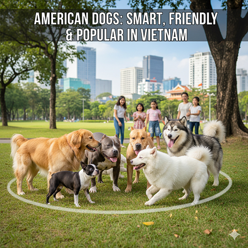 Chó Mỹ là gì? Các giống chó Mỹ thông minh, thân thiện và phổ biến tại Việt Nam – hình ảnh nhóm chó Mỹ như Golden Retriever, Husky, Pitbull, Boston Terrier cùng chơi trong công viên ở Việt Nam.