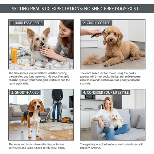 Infographic đặt kỳ vọng thực tế về chó ít rụng lông: 4 nhóm gợi ý gồm chó không lông, chó lông xoăn, chó lông ngắn và cân nhắc lối sống