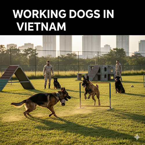 Chó nghiệp vụ như Becgie Đức và Malinois đang huấn luyện vượt chướng ngại cùng huấn luyện viên tại sân tập ở Việt Nam