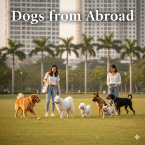 Hai cô gái dắt nhiều giống chó ngoại như Golden, Samoyed, Poodle, Becgie đi dạo trong công viên với hàng cây cọ và tòa nhà cao tầng phía sau.