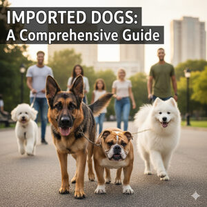 Chó nhập khẩu – hướng dẫn chọn mua và nuôi chó ngoại nhập đúng cách, hình ảnh nhóm người dắt ba chú chó giống ngoại đi dạo trong công viên