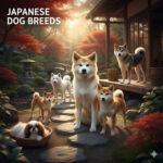 Các giống chó Nhật Bản phổ biến như Akita, Shiba Inu, và các giống chó nhỏ đáng yêu trong khu vườn Nhật truyền thống buổi sáng