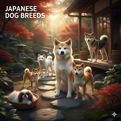 Các giống chó Nhật Bản phổ biến như Akita, Shiba Inu, và các giống chó nhỏ đáng yêu trong khu vườn Nhật truyền thống buổi sáng