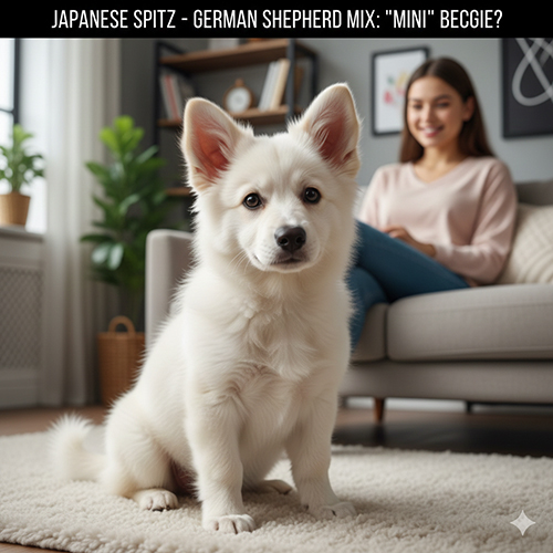 Chó Nhật lai Becgie kích thước nhỏ, lông trắng xù, tai dựng, thường được gọi là “Becgie mini” trong tin rao