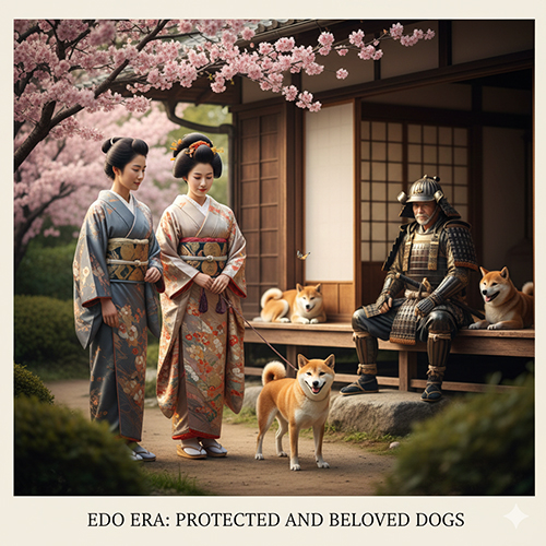 Hình minh họa chó nhỏ thời Edo bên gia đình Nhật và samurai trong vườn hoa anh đào