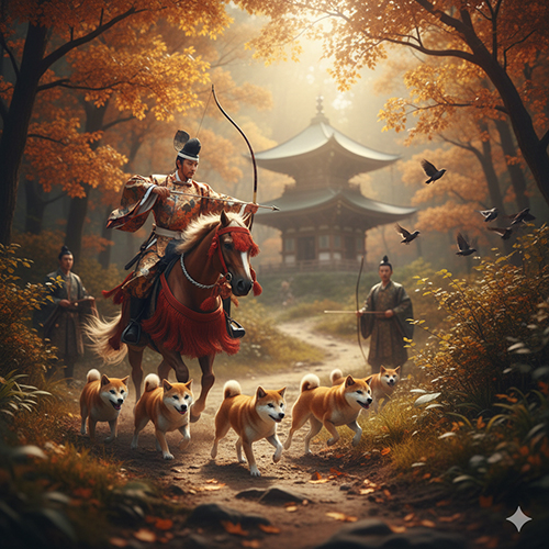 Hình minh họa chó nhỏ thời Heian chạy theo kỵ sĩ và thợ săn trong rừng