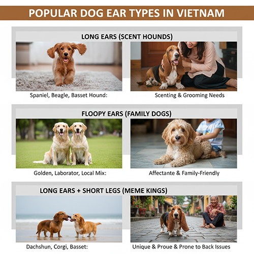 Hình ảnh tổng hợp các nhóm chó tai dài, tai cụp và tai to phổ biến tại Việt Nam