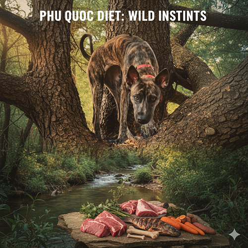 Chó Phú Quốc đứng trên thân cây, phía trước là khay thịt tươi và rau củ – gợi tả bản năng săn mồi và nhu cầu ăn giàu đạm.