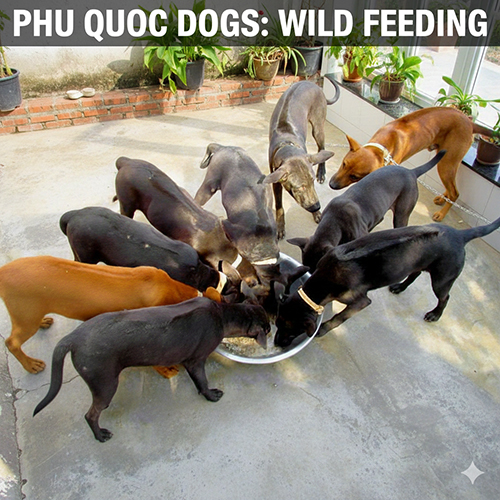 Đàn chó Phú Quốc đang ăn chung trong máng lớn, thể hiện tập tính bầy đàn và khẩu phần giàu đạm.