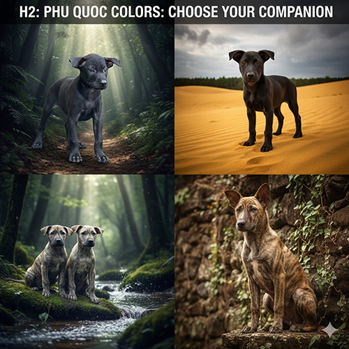 Tổng hợp bốn màu chó Phú Quốc: đen, vàng, vện và vện sáng, đứng trong các bối cảnh rừng – sa mạc – suối.