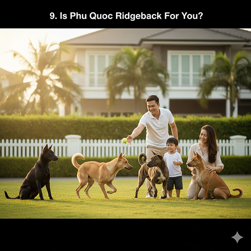 Gia đình trẻ chơi đùa với đàn chó Phú Quốc trong sân cỏ rộng trước nhà, minh họa câu hỏi “Có nên nuôi chó Phú Quốc?”