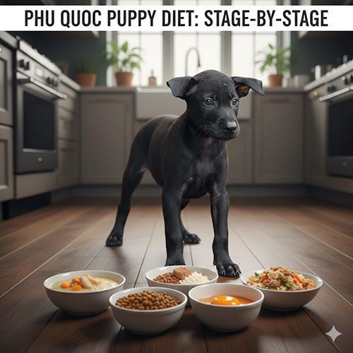 Chó Phú Quốc con đứng trước nhiều bát thức ăn mềm, hạt, trứng và cháo – minh họa thực đơn theo từng giai đoạn phát triển.