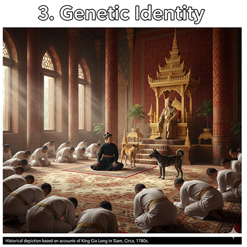 Tranh minh họa vua Gia Long trong cung điện Xiêm cùng hai chó Phú Quốc – bối cảnh lịch sử thế kỷ 18