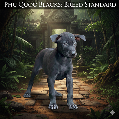 Chó Phú Quốc đen con với xoáy lưng rõ, dáng đứng săn chắc, nền rừng tự nhiên