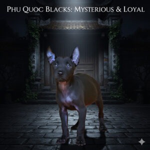 Chó Phú Quốc đen tuyền với thân hình săn chắc, tai dựng, ánh mắt lanh lợi