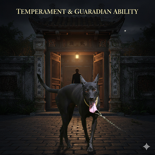 Chó Phú Quốc đen đứng trước cổng nhà ban đêm, dáng cảnh giác, thần thái bảo vệ