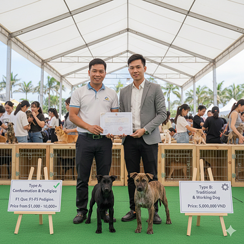 Hai chú chó Phú Quốc trước bảng giá Type A có pedigree và Type B chó truyền thống trong sân show, chủ trại cầm chứng nhận