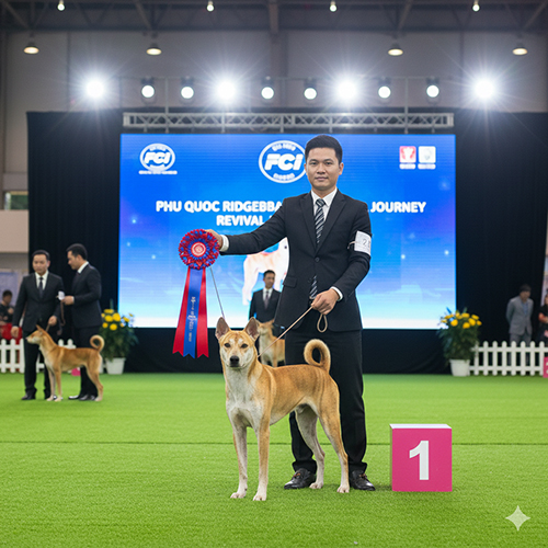 Chó Phú Quốc đạt giải số 1 tại sân khấu FCI, handler cầm rosette xanh đỏ