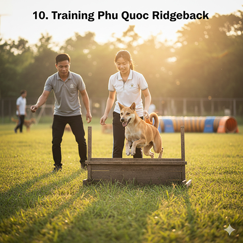 Huấn luyện chó Phú Quốc tại sân cỏ với huấn luyện viên, chó nhảy vượt chướng ngại vật