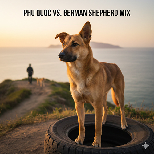 Chó Phú Quốc lai Becgie đứng trên bánh xe cũ, phông nền hoàng hôn ngoài biển