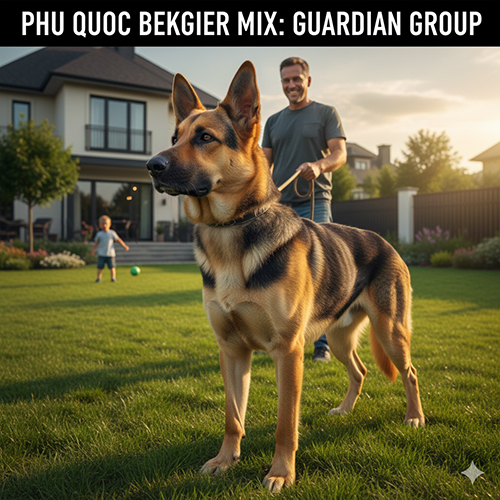 Ảnh minh họa chó Phú Quốc lai Becgie với ngoại hình cao lớn, tai dựng, thích hợp nhiệm vụ canh gác và quản lý đàn.