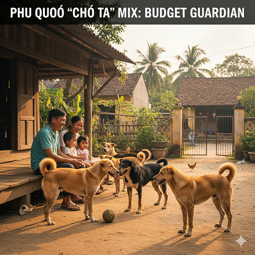 Ảnh minh họa chó Phú Quốc lai chó ta trong bối cảnh nông thôn, thể hiện nhóm lai giá mềm nhưng giữ nhà tốt và dễ nuôi.