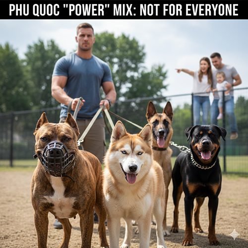 Ảnh minh họa nhóm chó Phú Quốc lai “power” như Pitbull, Husky, Malinois, Rottweiler – ngoại hình mạnh mẽ nhưng đòi hỏi chủ có kinh nghiệm.