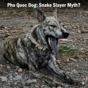 Chó Phú Quốc lưỡi đen đang nằm nghỉ, khoe họa tiết lông vện và chiếc lưỡi màu đen đặc trưng