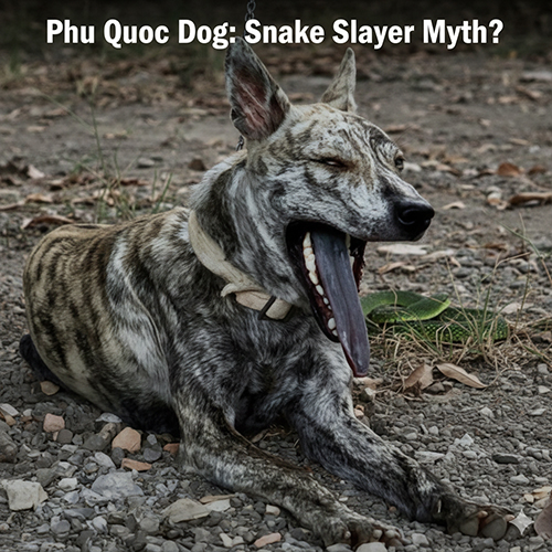 Chó Phú Quốc lưỡi đen đang nằm nghỉ, khoe họa tiết lông vện và chiếc lưỡi màu đen đặc trưng