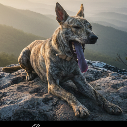 Chó Phú Quốc vện nằm trên mỏm đá, thè lưỡi đen dài giữa cảnh núi rừng