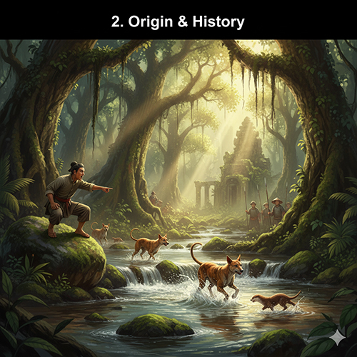 Tranh minh họa nguồn gốc lịch sử chó Phú Quốc trong rừng già với vua Gia Long và đàn chó vượt suối