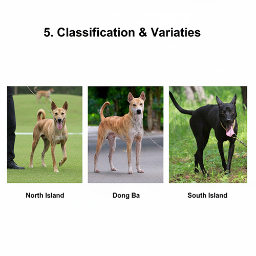Phân loại chó Phú Quốc theo vùng Bắc Đảo, Đồng Bà, Nam Đảo với ba cá thể đứng trên nền cỏ