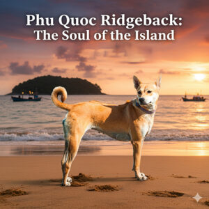Chó Phú Quốc Ridgeback đứng trên bãi biển Phú Quốc lúc hoàng hôn, được ví như linh hồn của hòn đảo