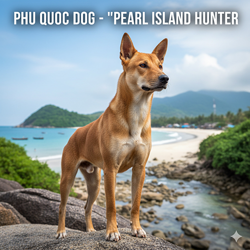 Chó Phú Quốc đứng trên bãi đá nhìn ra biển đảo, nổi bật với xoáy lưng đặc trưng – biểu tượng “tay săn đảo ngọc” của Việt Nam 🇻🇳🐕