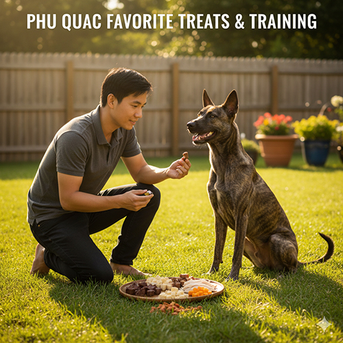 Một người đàn ông đang thưởng đồ ăn nhỏ cho chó Phú Quốc, phía trước là khay các món khoái khẩu như gan, thịt gà, phô mai và rau củ.