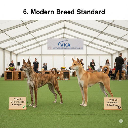 Hai chó Phú Quốc đứng dáng chuẩn trong lều thi đấu, đại diện hai kiểu tiêu chuẩn hiện đại