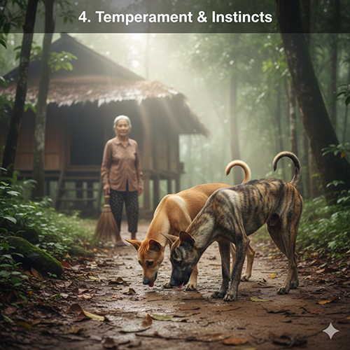 Hai chó Phú Quốc vàng và vện đang đánh hơi trên lối mòn trước nhà gỗ trong rừng, thể hiện bản năng cảnh giác