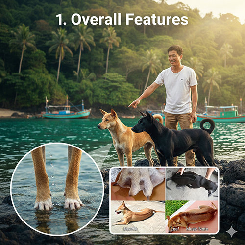 Tổng quan đặc điểm chó Phú Quốc xoáy lưng với hai chú chó trên bờ biển, cận cảnh chân có màng và các kiểu xoáy lưng đặc trưng