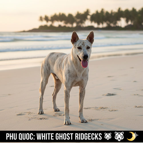 Chó Phú Quốc trắng bạch hổ đứng trên bãi biển lúc hoàng hôn, dáng thanh thoát và hiếm gặp