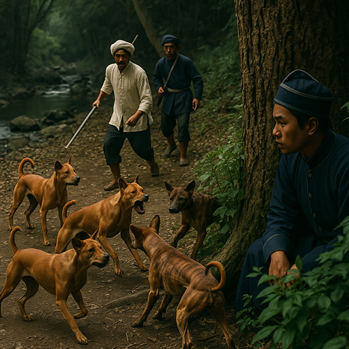 Tranh tái hiện truyền thuyết chó Phú Quốc cứu vua Gia Long khi bị quân Tây Sơn truy đuổi