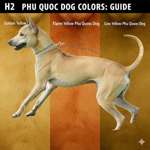 So sánh chó Phú Quốc màu vàng, vàng lửa và vàng bò với sự khác biệt về sắc lông, độ đậm và ngoại hình tổng thể