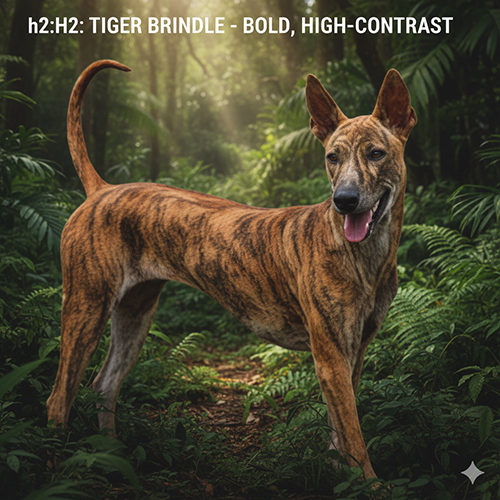 Chó Phú Quốc vện cọp đứng trong rừng, hoa văn vện sọc to tương phản mạnh trên nền vàng.