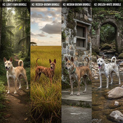 Chó Phú Quốc vện cọp, vện hổ, vện lửa đứng trong các bối cảnh tự nhiên khác nhau để minh họa sự khác biệt màu vện.