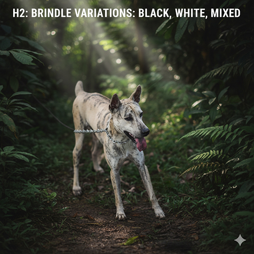 Chó Phú Quốc vện sáng đứng trong rừng, nền lông trắng pha xám với hoa văn vện loang đặc trưng.